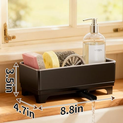 MOUKABAL Sponge Holder for Kitchen Sink – Rustproof Stainless Steel, 360° Rotating Drain Pipe, Large Counter Organizer with Drip Tray for Sponges, Brushes & Dish Cloths Black - color: Black 1