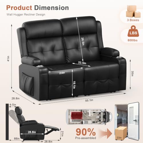RV Loveseat Recliner Sofa, Wall Hugger Massage Reclining RV Couch with USB, Insert Pockets, Cup Holders, 150° RV Recliners Sleeper Sofas for RV Furniture & Travel Trailers & Home Theater Seating - color: Black, size: Loveseat-G1