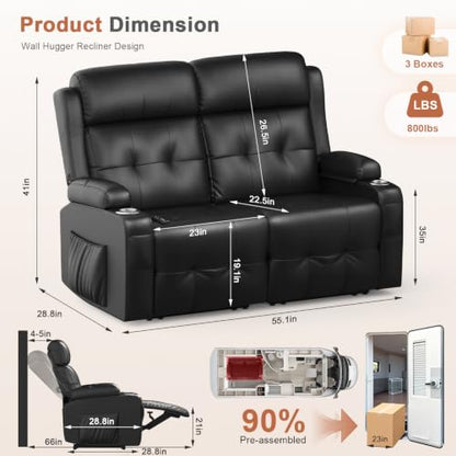 RV Loveseat Recliner Sofa, Wall Hugger Massage Reclining RV Couch with USB, Insert Pockets, Cup Holders, 150° RV Recliners Sleeper Sofas for RV Furniture & Travel Trailers & Home Theater Seating - color: Black, size: Loveseat-G1