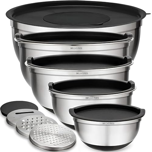 Belwares Mixing Bowls with Lids Set of 5 - Stainless Steel Mixing Bowl Set, Kitchen Nesting Metal Bowls with Non Slip Bottoms + 3 Grater Attachments, Airtight Lids, Food Prep + Storage, Matte Black - color: Matte Black, size: 5-Piece