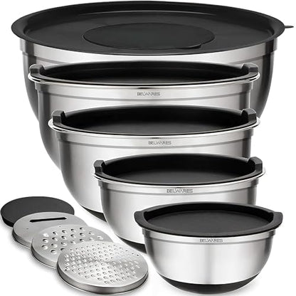 Belwares Mixing Bowls with Lids Set of 5 - Stainless Steel Mixing Bowl Set, Kitchen Nesting Metal Bowls with Non Slip Bottoms + 3 Grater Attachments, Airtight Lids, Food Prep + Storage, Matte Black - color: Matte Black, size: 5-Piece