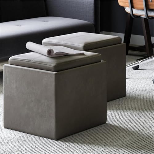 SIMPLIHOME Rockwood Cube Storage Ottoman with Tray - 17" Wide x 17" High Upholstered Vegan Leather Square Storage Ottoman in Distressed Slate Grey, Contemporary Cube Ottoman with Serving Tray - color: Distressed Slate Grey