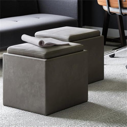 SIMPLIHOME Rockwood Cube Storage Ottoman with Tray - 17" Wide x 17" High Upholstered Vegan Leather Square Storage Ottoman in Distressed Slate Grey, Contemporary Cube Ottoman with Serving Tray - color: Distressed Slate Grey