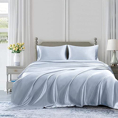 Homiest 3pcs Satin Sheets Set Luxury Silky Satin Bedding Set with Deep Pocket, 1 Fitted Sheet + 1 Flat Sheet + 1 Pillowcase (Twin XL Size, Baby Blue) - color: Baby Blue, size: Deep pocket - Twin XL size
