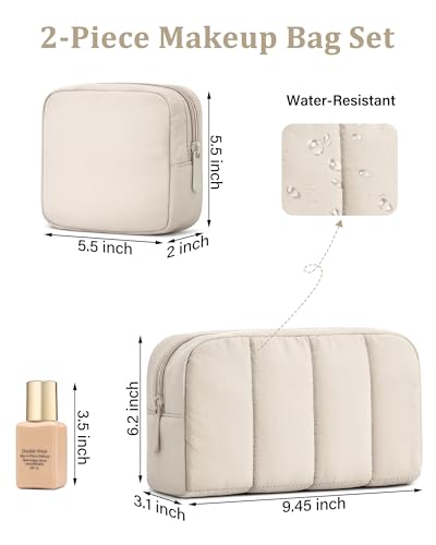 oscaurt 2 Pcs Makeup Bag Travel Toiletry Bag for Women Puffy Padded Cosmetic Pouch Purse Wide-open Makeup Organizer Case Travel Essentials - color: Khaki-Set