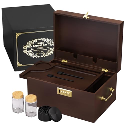 Bamboo Storage Box with Lid and Lock – Large Wooden Stash Box with Rolling Tray, Adjustable Dividers & Vintage Gold Side Handles, Elegant Storage Organizer - color: Brown, size: Large