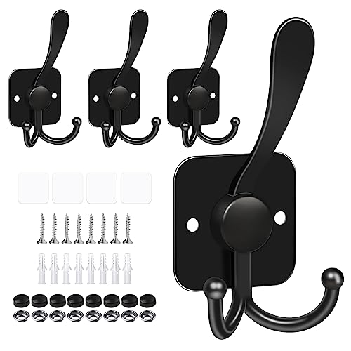 VIS'V Coat Hooks Wall Mount, Metal Self Adhesive 3 Prong Coat Hanger Hooks for Entryway Doorway, 2 Mount Options, Black, 4 Pcs - color: Black