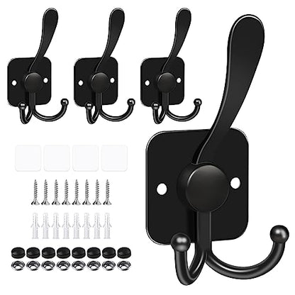 VIS'V Coat Hooks Wall Mount, Metal Self Adhesive 3 Prong Coat Hanger Hooks for Entryway Doorway, 2 Mount Options, Black, 4 Pcs - color: Black