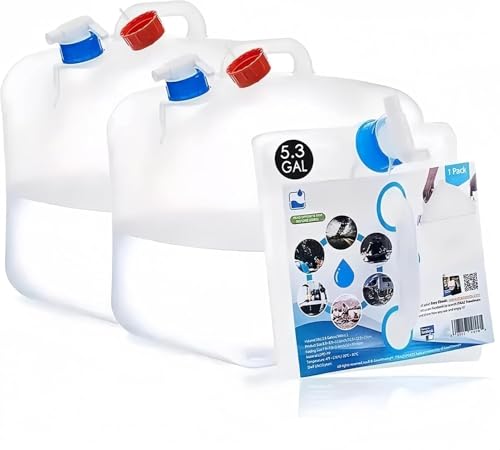 Camping Water Container 5.3 Gallon Collapsible Water Jug with Spout - Reusable Plastic Flasks, Foldable Empty Gallon Jug for Water Storage, Water Bag for Outdoor Hiking Emergency Prep (2 Pack)