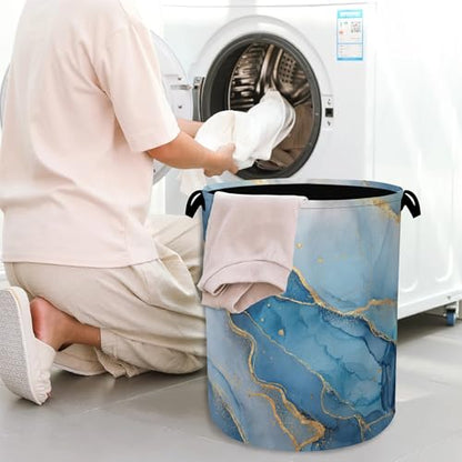 Blue Gold Marble Laundry Basket,Foldable with Handles Tote Bag Oxford Cloth for Bathroom Bedroom Dirty Clothes Storage Bucket 16" x 20.8" - color: Blue Gold Marble