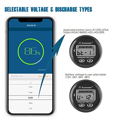 Runleader 12V to 48V Bluetooth LCD Battery Level Meter,Volt Meter with Alert,Run Hours Record for Lead Acid Trojan Lithium Gel AGM LiFePO4 Battery Powered Golf Cart Forklift Go-Kart EC (1)