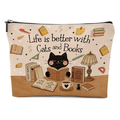 Life is Better with Cats Books Makeup Bag, Cute Cats Cosmetic Bags Portable Travel Toiletry Organizer Bag Makeup Pouch, Sister Birthday Christmas Cat Lover Gifts for Women Mom Friend - color: Multicolor 0745