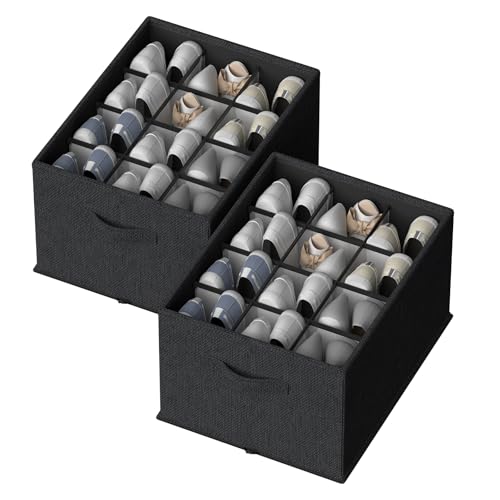 FHSQX 2 Pack Shoe Organizer for Closet,Foldable Shoe Organizer,Fits up to 24 Pairs,Storage Containers With Bottom Support for Shoes (Black, 16.5 * 12.6 * 9.5in) - color: Black, size: 16.5*12.6*9.5in