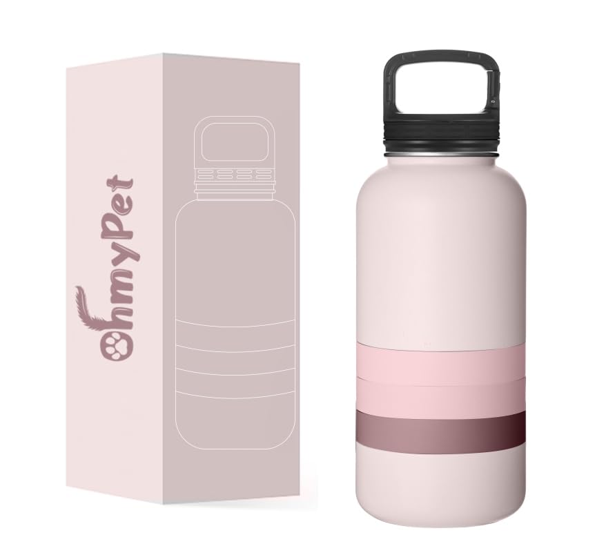 OhmyPet | Pet Water Bottle Station with 3 Bowls and 32oz Bottle, Pink or Blue | for Traveling Hiking Outing - color: Pink