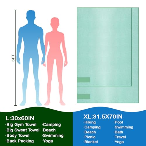 Microfiber Travel Towel for Body Quick Dry Beach Yoga Mat Hiking Backpacking Swimming Pool Camping Towel(Light Green, 1 Pack XL(31.5X70 Inch) - color: Light Green, size: 1 Pack XL(31.5X70 Inch