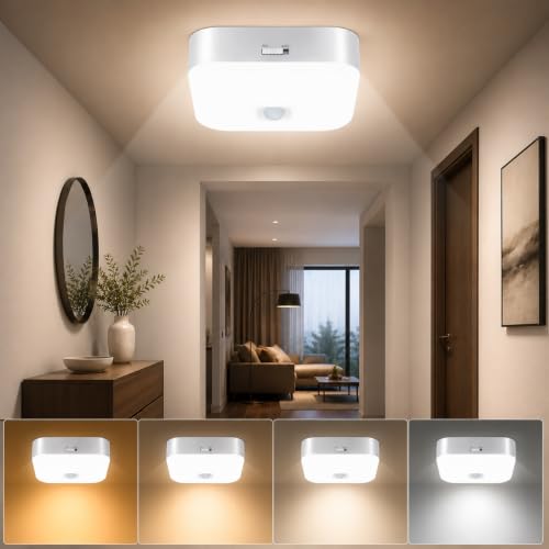 Yunaking Rechargeable Ceiling Light with Motion Sensor: Battery Operated LED Closet Light with Remote & Timing - Wireless Dimmable Magnetic Mount Shower Lamp for Bathroom/Stairs/Garage/Hallway - color: White Square