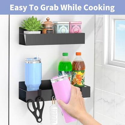 Magnetic Spice Rack for Refrigerator with Hooks, Magnetic Fridge Storage Organizer for Water Bottle, Magnetic Stanley Cup Holder for Kitchen, Black, 2 Pack
