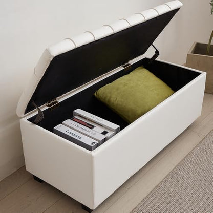 38-inch White Faux Leather Storage Ottoman Bench with Seat and Footrest Function - for Bedroom, Living Room & Entryway - color: White