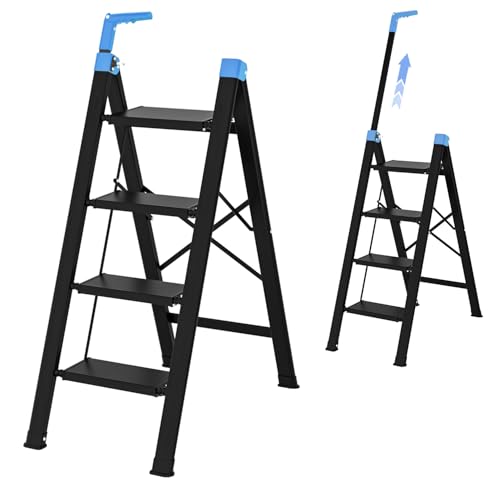 4 Step Ladder,Extendable Single-Handrail Lightweight Aluminum Step Ladder 4 Step Folding,600lbs Max Load Capacity for Household,Kitchen,Office (Blue) - color: Blue, size: 4 steps