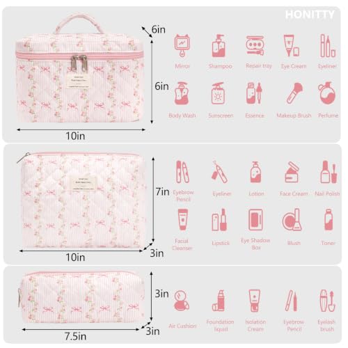 honitty Makeup Bag,Quilted Cosmetic Bags,Large Floral Make Up Organize bag,Makeup Bag Set for Women,Flower Travel Toiletry Bag - color: Striped Bow Tie