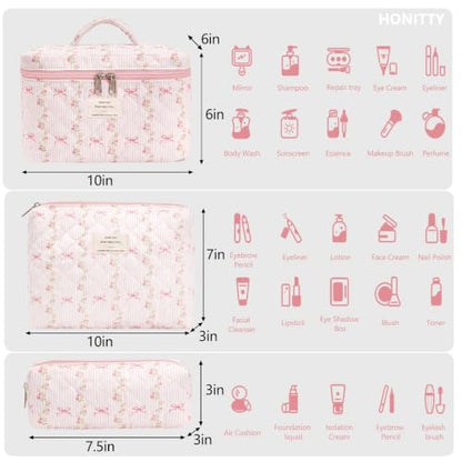 honitty Makeup Bag,Quilted Cosmetic Bags,Large Floral Make Up Organize bag,Makeup Bag Set for Women,Flower Travel Toiletry Bag - color: Striped Bow Tie