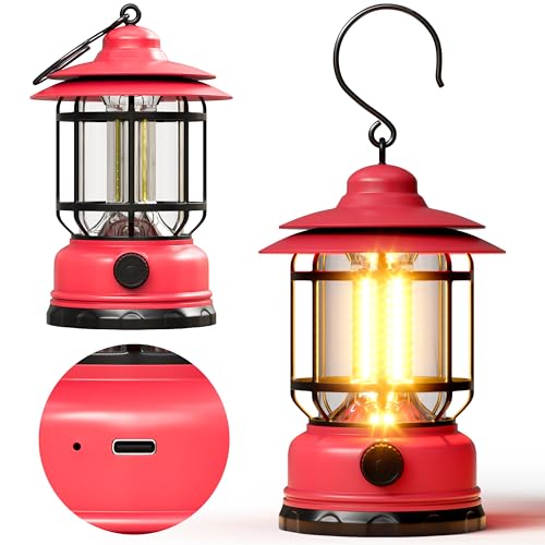 Retor Camping Lanterns LED Step-Less Dimming Retro-Style Battery Powered USB Rechargeable Flashlights Survival Kits Portable Ambient Lighting Emergency Outages Hiking Light(Pink 1 Pack) - color: Pink