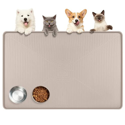 Lorvain 45" x 30" Cat Food Mat, Extra Large Silicone Pet Feeding Mat with Raised Edges, Pet Placemat for Cat Dog Food and Water Bowl Waterproof, Non-Slip, Easy to Clean, Floor Protection, Beige - color: Beige: 45" x 30"