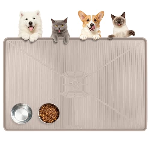 Lorvain 45" x 30" Cat Food Mat, Extra Large Silicone Pet Feeding Mat with Raised Edges, Pet Placemat for Cat Dog Food and Water Bowl Waterproof, Non-Slip, Easy to Clean, Floor Protection, Beige - color: Beige: 45" x 30"