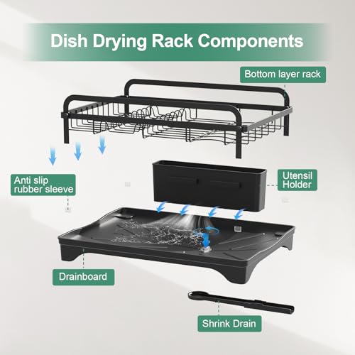 Dish Drying Rack for Kitchen Counter, Large Dish Drying Rack with Utensil Holder & Cutlery Tray, Dish Drainer with Drainboard, Black - color: 1 Tier - Black