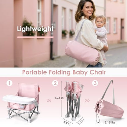 Tiny Marvels Baby Chair, Portable & Foldable for Travel & Beach, Ages 6M-3Y | BPA-Free Material, 3-Point Harness, 3-in-1 Baby Chair, Removable Tray & Carry Bag, Sturdy with Reinforcement, Non-Slip Feet - color: Pink