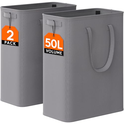 Lifewit 2 Pack Slim Laundry Hamper, Collapsible Narrow Laundry Basket, Small Tall Dirty Clothes Hampers with Handles for Bathroom Bedroom College Dorm, Grey, 50L - color: Gray, size: 50L