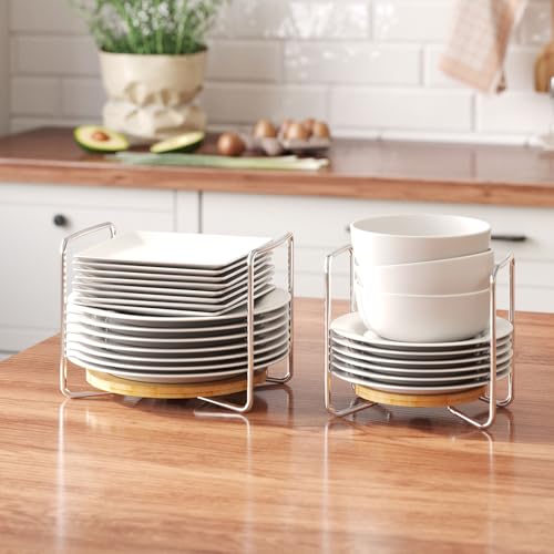 Dish Rack for Kitchen Countertop Organizer - Bamboo Plate Organizer for Cabinet Space Saver, Adjustable Stainless Steel 304 Plate and Bowl Holder with Portable Handle for Drawer Cupboard Shelf RV - color: Natural, size: 1*Small&1*Large
