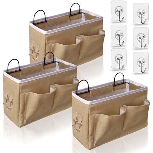 Kanrichu 3pcs Middle Wall Hanging Organizer Bag, Linen Fabric Door Hanging Storage Basket with Pockets, Waterproof Bin for Kitchen, Bedroom, Office, RV Camper (Khaki) - color: Khaki-Middle (3 pcs)
