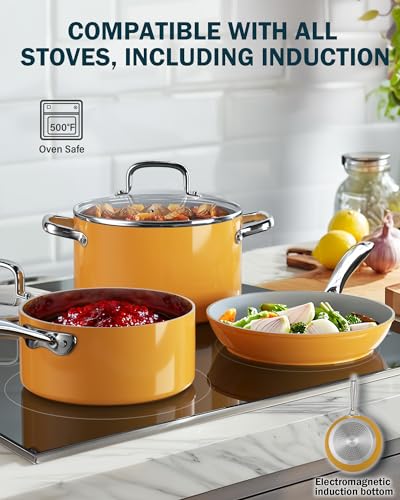 Cook N Home Classic Nonstick Cookware Set, Pots and Pans Cookware Set with Glass Lids and Comfortable Handles, Induction Compatible, 10-Piece, Yellow - color: Yellow