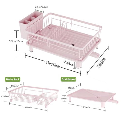 Dish Drainer Rack with Drip Tray, Sink Dish Drainer with Drainage Spout, Stainless Steel Dish Drying Rack with Cups, Utensil & Cutting Board Holders for Kitchen Counter Space-Saving, Pink - color: Pink