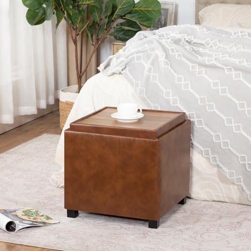 Adeco 17 inch Square Storage Ottoman with Reversible Tray Top, Cognac Brown Faux Leather Footrest Stool & Coffee Table for Living Room, Bedroom - color: Cognac Brown Leather – Upgraded Version