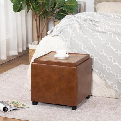 Adeco 17 inch Square Storage Ottoman with Reversible Tray Top, Cognac Brown Faux Leather Footrest Stool & Coffee Table for Living Room, Bedroom - color: Cognac Brown Leather – Upgraded Version