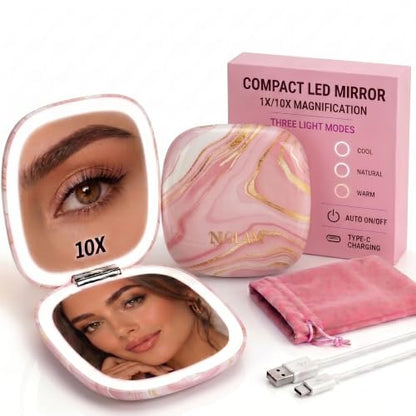 Lighted Makeup Compact Mirror, 3.9 Inch – 1x/10x Magnification Portable, LED – Auto Light On/Off - USB Charging, (Blush Marble) - color: Blush Marble