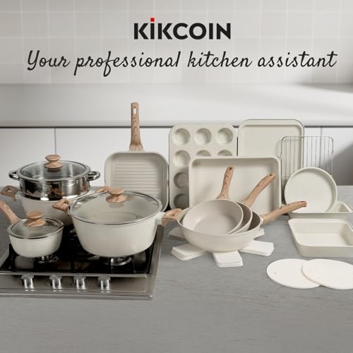Kikcoin Pots and Pans Set Non Stick 31 Piece Kitchen Nonstick Cooking Cookware Sets with Grill Pan Saucepan Baking Sheet Utensil, Cream White - color: Cream White