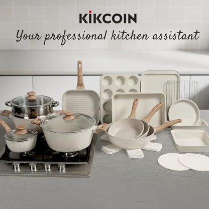Kikcoin Pots and Pans Set Non Stick 31 Piece Kitchen Nonstick Cooking Cookware Sets with Grill Pan Saucepan Baking Sheet Utensil, Cream White - color: Cream White