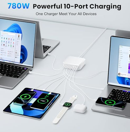 780W USB C Charger Block Fast 10-Port USB C Charging Station GaN PD 120W Laptop Charger Adapter for MacBook Pro/Air, DELL, iPad, iPhone, Samsung Galaxy White - color: White