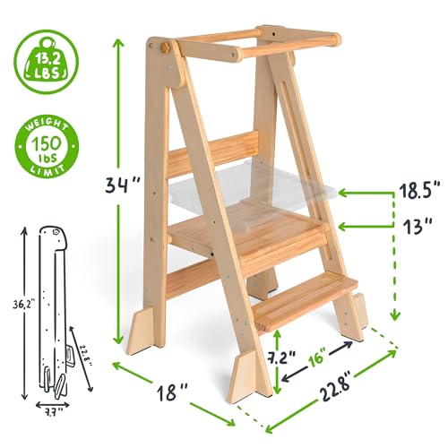 OCODILE Adjustable Foldable Toddler Tower – Folding Tower for Kids | Montessori Toddler Kitchen Step Stool Helper for Independence - Varnished - color: 3 - Varnished