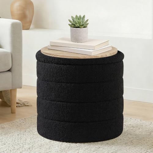 17" Round Storage Ottoman,Boucle Sherpa Ottoman with Tray, Faux Teddy Foot Rest Coffee Table for Bedroom Dorm Living Room,Black - color: Black, size: 16.9"D x 16.9"W x 17.7"H