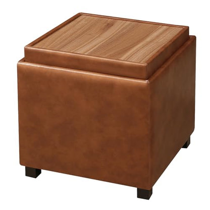 Adeco 17 inch Square Storage Ottoman with Reversible Tray Top, Cognac Brown Faux Leather Footrest Stool & Coffee Table for Living Room, Bedroom - color: Cognac Brown Leather – Upgraded Version