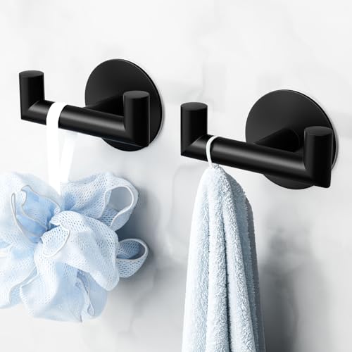 GWAAZXGZ 2 Pack Black Bathroom Hooks for Towels - Self Adhesive Double Hooks for Wall, No Drilling, Matte Finish, Strong Hold for Robes, Coats, Shower Use - color: Black