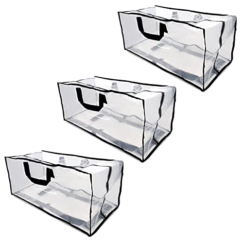 ZENPAC Clear Blanket Storage with Handles, Zippered Plastic Bags, Heavy Duty, Waterproof for Packing Clothes, Linens, Comforters, 27x12x13.75, 3 Pack