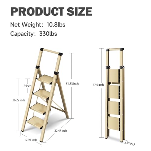 4 Step Ladder, Lightweight Folding Step Stool with Anti-Slip Aluminum Wide Pedal& Convenient Handgrip, 330lbs Capacity Steel Ladder for Household and Office (Gold) - color: Gold, size: 4 Step