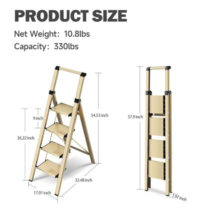 4 Step Ladder, Lightweight Folding Step Stool with Anti-Slip Aluminum Wide Pedal& Convenient Handgrip, 330lbs Capacity Steel Ladder for Household and Office (Gold) - color: Gold, size: 4 Step
