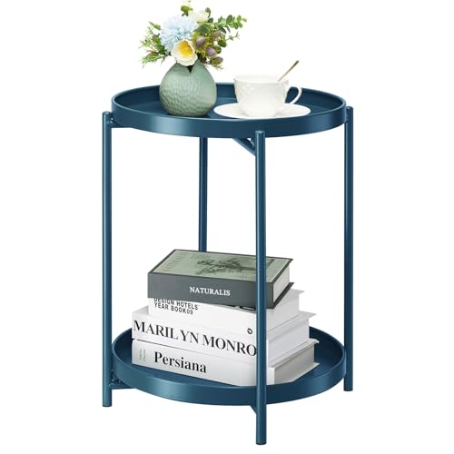 danpinera 2-Tier End Table, Outdoor Side Table Metal Round Side Table with Removable Tray, Small Accent Table, Anti-Rust Nightstand for Bedroom Balcony Patio Living Room (Navy Blue) - color: Navy Blue