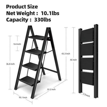 HillhutApex 4 Step Ladder, Lightweight Foldable 4 Step Stool with Anti-Slip Wide Pedal, 330lbs Capacity Aluminum Ladder for Household,Office,Garage(Black) - color: Black, size: 4 Step